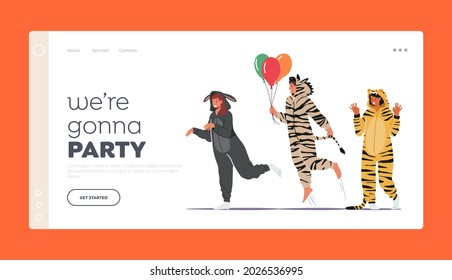 Home Party Celebration Landing Page Template. People in Kigurumi Pajamas, Young Men and Women Wear Animal Costumes Donkey, Zebra and Tiger with Balloons, Teenagers Fun. Cartoon Vector Illustration