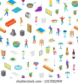 Home Party Concept Seamless Pattern Background Isometric View. Vector
