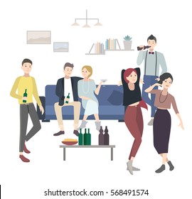 Home party with dancing, drinking people. Flat illustration.