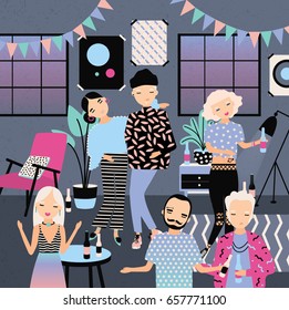 Home party with dancing, drinking people. Fashionable young guys and girls in bright clothes. Colorful vector illustration in cartoon style.