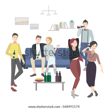 Home party with dancing, drinking people. Flat illustration.