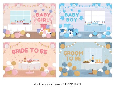 Home party decorations flat color vector illustration set. Baby shower. Bachelorette night. 2D simple cartoon pack interior with table arrangement on background. Fredoka One font used