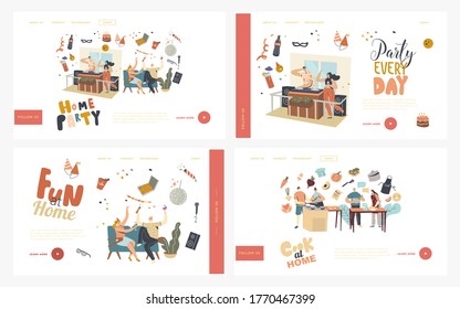 Home Party Or Event With Dj Music Landing Page Template Set. Characters With Wine Glasses Celebrate Birthday Holiday Drinking Alcohol Cocktail And Communicating. Linear People Vector Illustration