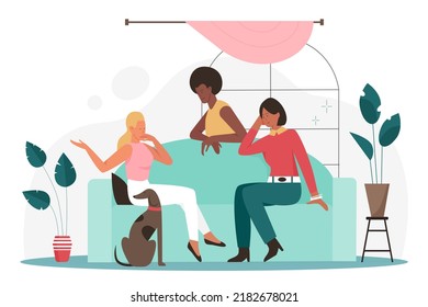 Home party of female friends. Three cheerful girls gathering together, fun conversation of colleagues or girlfriends sitting on couch and smiling flat vector illustration. Meeting, friendship concept