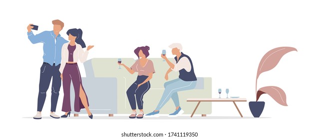Home party flat color vector faceless characters. Men and women having fun. Friends drinking alcoholic beverages isolated cartoon illustration for web graphic design and animation