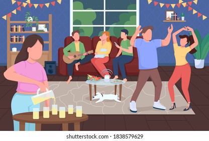 Home party flat color vector illustration. Night entertainment. Man and woman dance together. Celebrate event indoors. Happy friends 2D cartoon characters with house interior on background