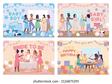 Home party flat color vector illustration set. Baby shower. Birthday party. Bachelorette night. 2D simple cartoon characters pack partying with decorated room on background. Fredoka One font used