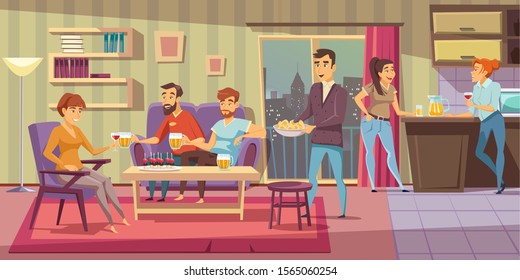 Home Party Flat Vector Illustration. Friends At House Party. People Relaxing In Apartment Living Room Composition. Male And Female Characters Drinking Alcohol Beverages And Eating Snacks