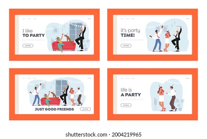 Home Party with Friends Landing Page Template Set. People Meeting, Celebrate Birthday or Corporate. Young Women and Men in Funny Hats Clinking Glasses with Alcohol. Cartoon Vector Illustration