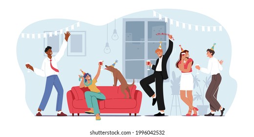 Home Party with Friends, People Meeting, Celebrate Birthday or Corporate in Room. Young Women and Men in Funny Hats Clinking Glasses with Alcohol Drink Have Fun Relaxation. Cartoon Vector Illustration