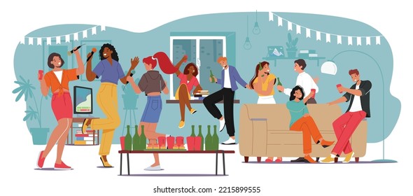 Home Party Fun, People Meeting, Celebrate Birthday or Corporate in Room. Young Women and Men Clinking Glasses with Alcohol Drinks, Sing Karaoke, Chat, Friends Relaxation. Cartoon Vector Illustration