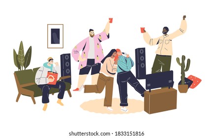 Home party with happy friends communicating, singing karaoke and having fun together in living room. Young male and female students gathering at quarantine. Vector illustration