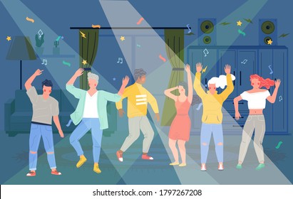 Home party. Happy people friends dancing, taking rest and having fun, vector flat illustration. Birthday party, home discotheque.