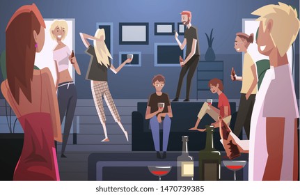 Home Party, Happy People Talking, Dancing, Drinking and Having Fun Vector Illustration