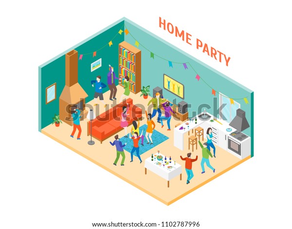 Home Party Interior Furniture People Isometric Stock Vector