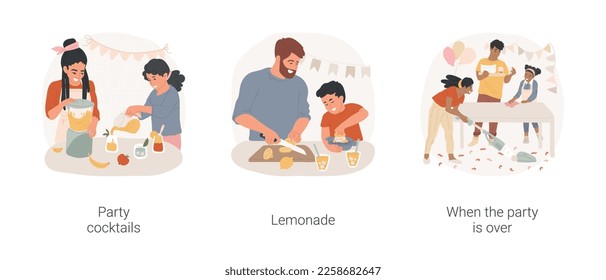 Home party isolated cartoon vector illustration set. Family make party cocktail, child use blender, prepare lemonade, kid squeezing lemon juice, party is over, cleaning mess vector cartoon.