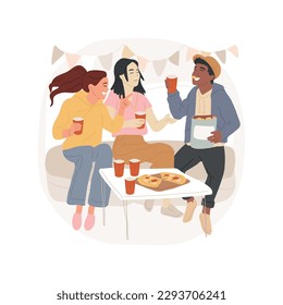 Home party isolated cartoon vector illustration. Friends having fun at home, birthday party, young people sitting around coffee table, holding plastic glasses, laughing together vector cartoon.