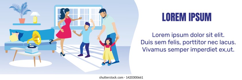 Home Party Lettering Cartoon Banner with Editable Promotion Text. Mother with Preschooler Son and Father with Little Daughter Dancing in Living Room. Vector Flat Happy Family Illustration