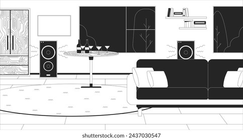 Home party in living room black and white line illustration. Drinks and loud speakers in apartment 2D interior monochrome background. Holiday night preparation outline scene vector image