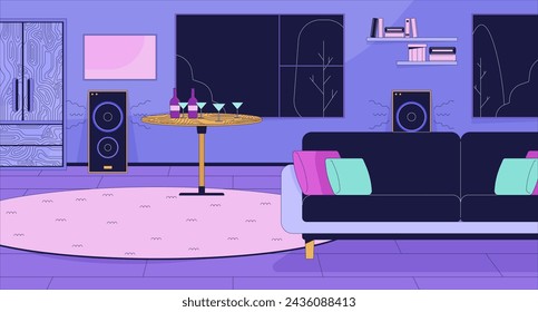 Home party in living room cartoon flat illustration. Drinks and loud speakers in apartment 2D line interior colorful background. Holiday night preparation scene vector storytelling image