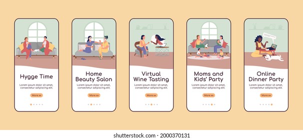 Home party onboarding mobile app screen flat vector template. Hygge time. Walkthrough website 5 steps with characters. Creative UX, UI, GUI smartphone cartoon interface, case prints set