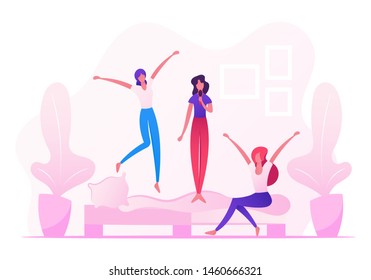 Home Party, People Fooling around and Having Fun, Teenage Girls Jumping on Sofa Singing and Dancing on Couch in Room.  Lifestyle Recreation Cartoon Flat Vector Illustration
