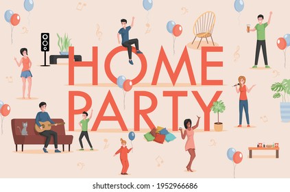 Home party word vector flat banner design. Happy smiling people celebrating. Women, men, and children dancing, singing, playing guitar. Friends at birthday, holiday party. Weekend with close friends.