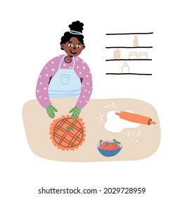 Home pastime, cooking concept. Happy woman in the kitchen make a cherry pie. Cute hand-drawn vector isolated illustration.