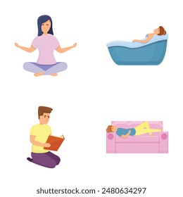 Home pastime icons set cartoon vector. Relax pleasant home activity for pleasure. Self care, relaxation