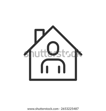 Home with person, linear icon. Private residence, social housing or shelter. Line with editable stroke.