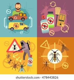 Home pest control service flat concepts set. Protection from insects, job exterminator cockroach illustration
