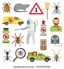 Home pest control service flat vector icons set. Protection from bug and cockroach illustration