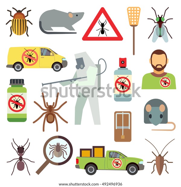 Home pest control service flat\
vector icons set. Protection from bug and cockroach\
illustration