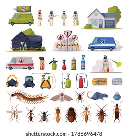 Home Pest Control Service Set, Exterminating and Protecting Equipment, Harmful Insects Vector Illustration