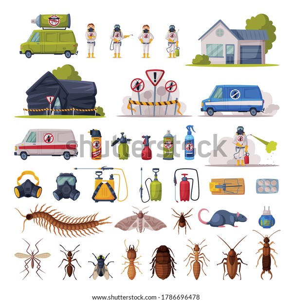 Home Pest Control\
Service Set, Exterminating and Protecting Equipment, Harmful\
Insects Vector\
Illustration