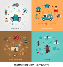  Home pest control services 4 flat icons square composition for detecting exterminating insects and rodents abstract isolated vector illustration