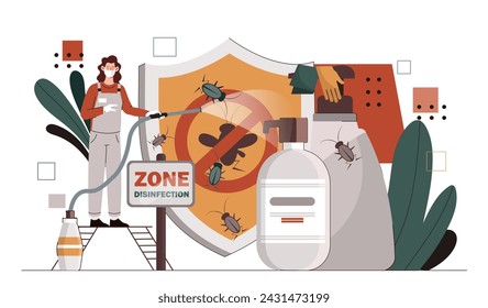 Home pest insects concept. Woman in protective uniform with insecticide against mosquitoes. Zone of disenfection. Hygiene indoor. Cartoon flat vector illustration isolated on white background