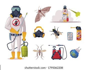 Home Pest Service, Exterminator Wearing Protection Uniform with Exterminating and Protecting Equipment Vector Illustration