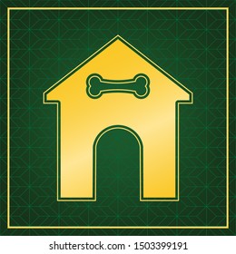 Home pet care sign. Golden icon with gold contour at dark green gridded white background. Illustration.
