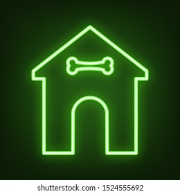 Home pet care sign. Green neon icon in the dark. Blurred lightening. Illustration.