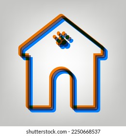 Home pet care sign. Stroked Icon in orange, azure and old lavender Colors at gray Background. Illustration.