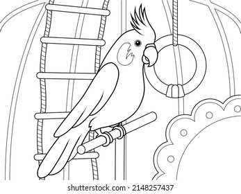 Home pet, parrot in a cage, enclosure interior. Children coloring book.