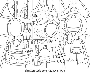 Home pet, parrot in a cage, enclosure interior. Children coloring book.