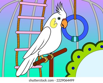 Home pet, parrot in a cage, enclosure interior. Children color.