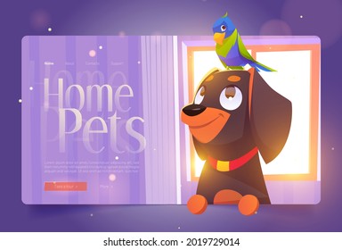 Home pets banner with cute dog and parrot