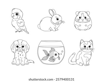 Home pets coloring page. Outline set with parrot, rabbit, hamster, dog, fish and cat. Cute domestic animals. Pet store, veterinary clinic design. Coloring book for print. Vector contour illustration