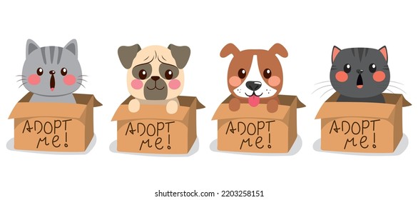 Home pets cute dog and cat characters. Vector cartoon set of funny domestic animals isolated on background