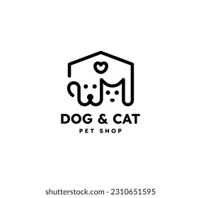 Home pets Logo dog cat design vector template Linear style. Animals Veterinary clinic Logotype concept outline icon.