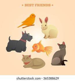 Home Pets Set: Carrot, Dog, Rabbit, Fish and Cats. Vector illustration