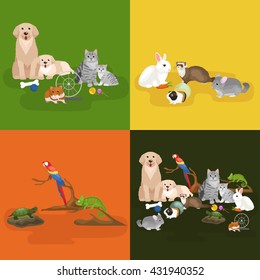 Home pets set, cat dog parrot goldfish hamster, domesticated animals